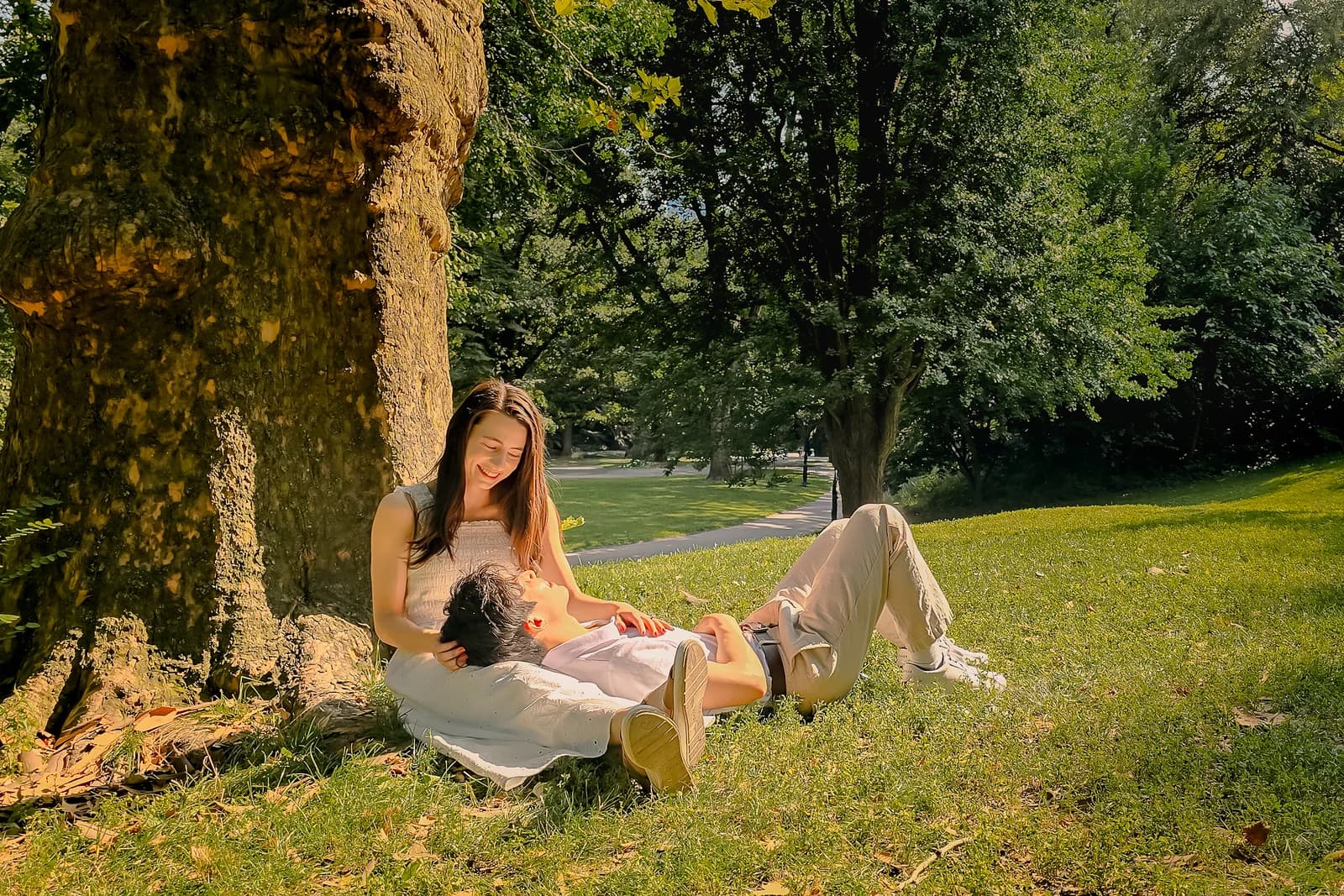 The couple sharing a relaxed moment outdoors